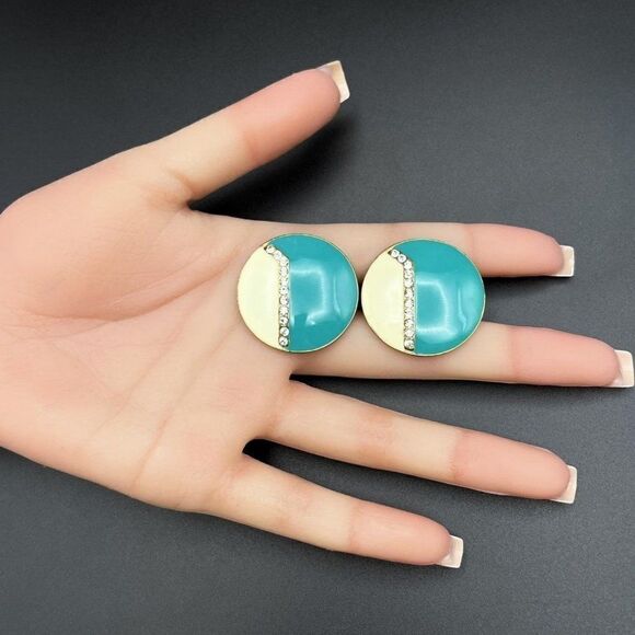 Yellow Gold with Teal and White Enamel and White Diamond Crystal Post Earrings - Picture 8 of 8